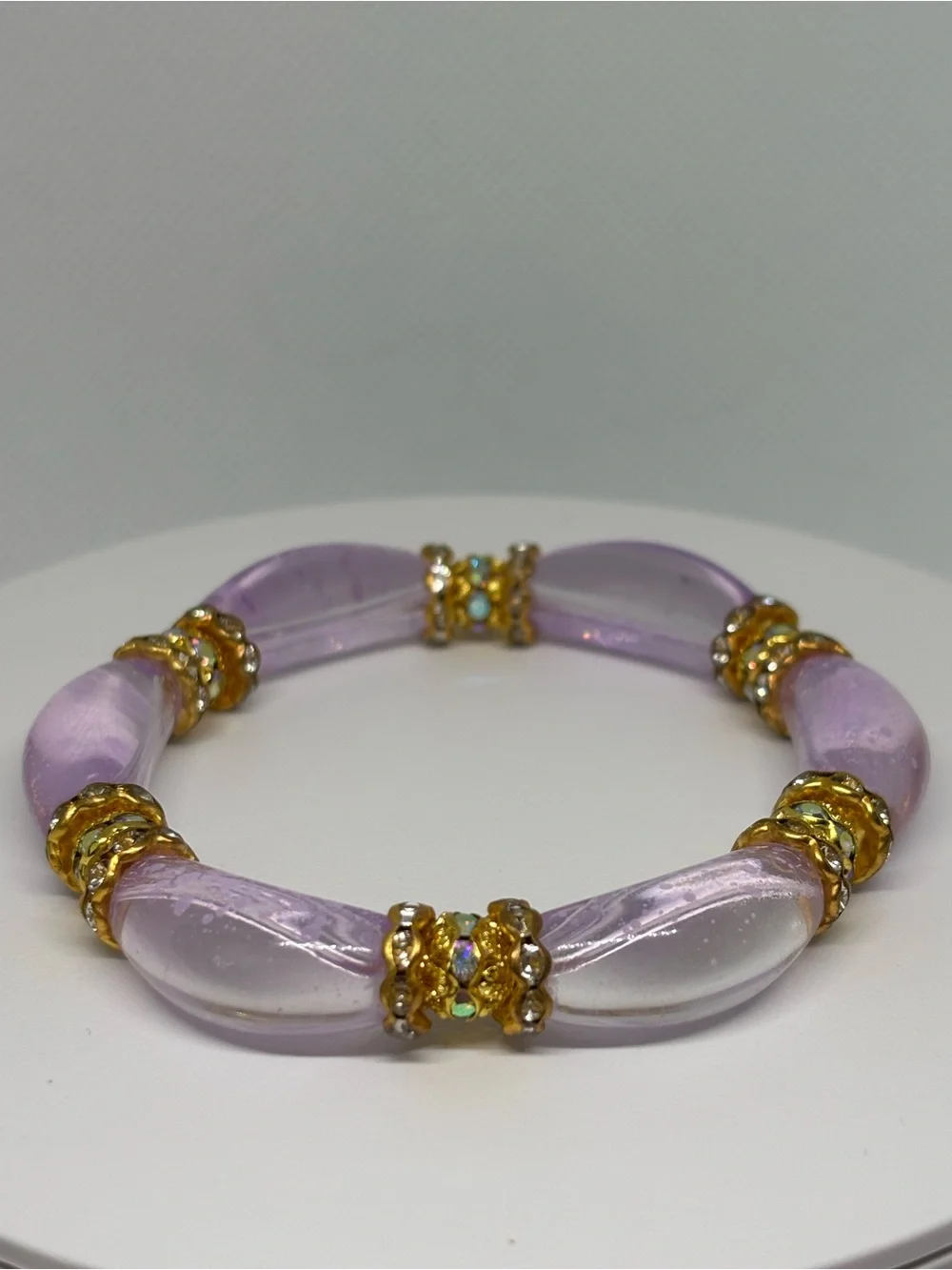 Elegant Hand crafted Lavender bubble curved Glass Bead Bracelet with Gold Accent